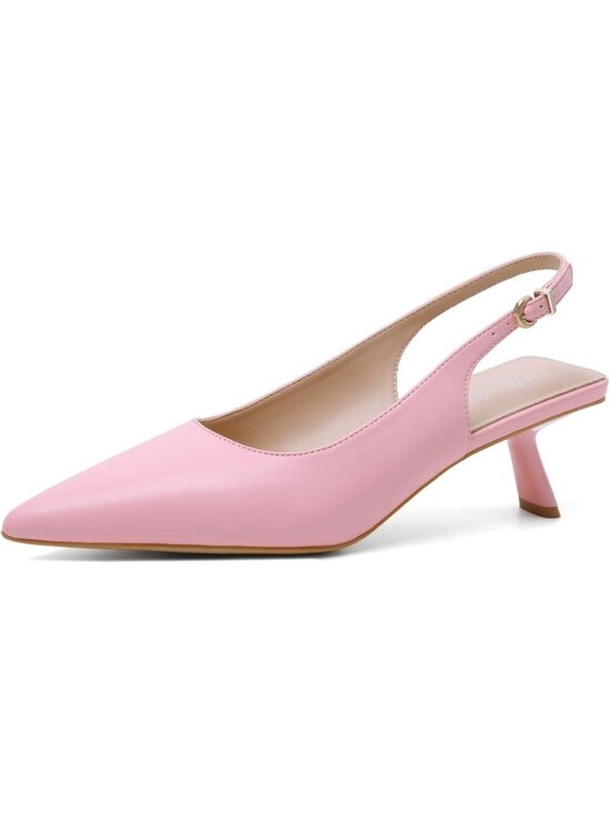 Shoes - Women's Pointed Toe Patent Leather Pink Low Slingback Heels Buckle Shoes